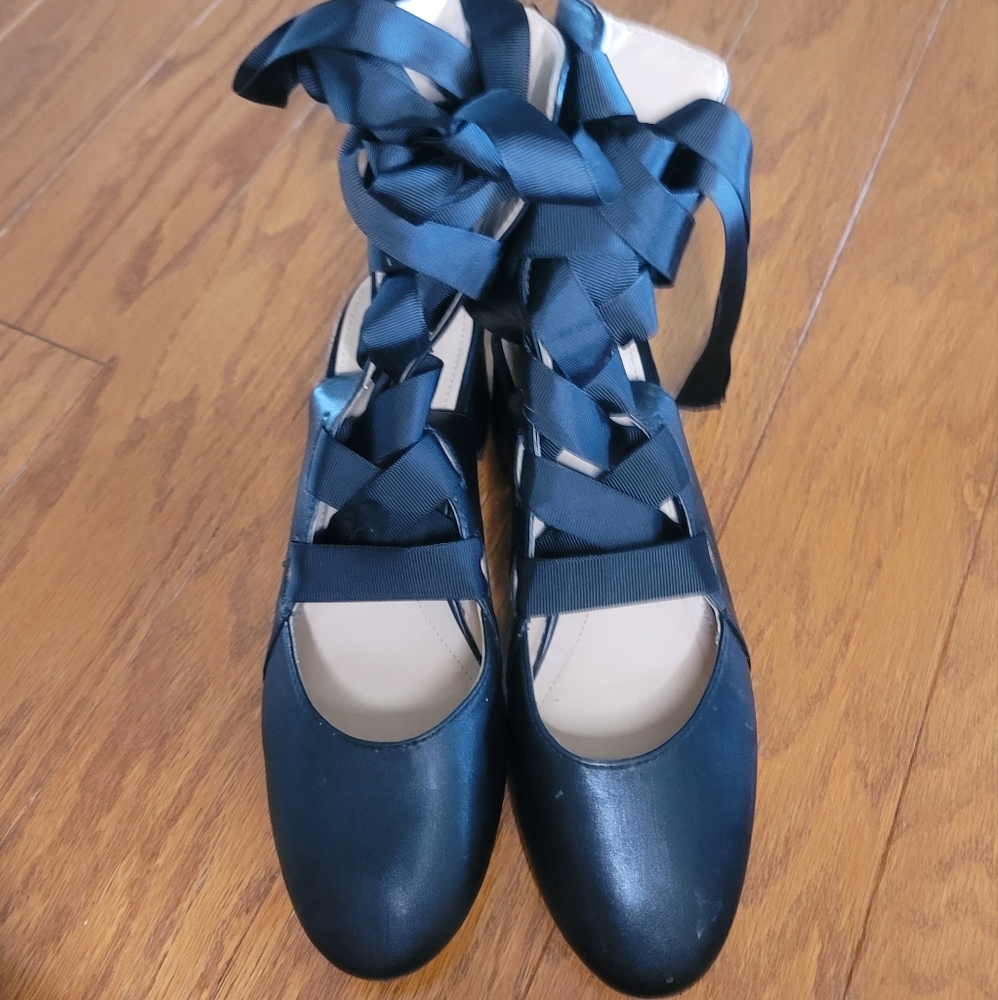 Zara Black Ballerina Block Ribbon Lace up Heels